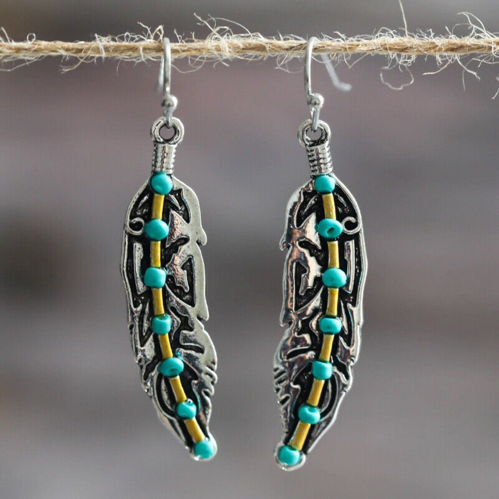 Antique Silver Feather Turquoise Bead Drop Dangle Hook Earrings Bohemia - Picture 6 of 7